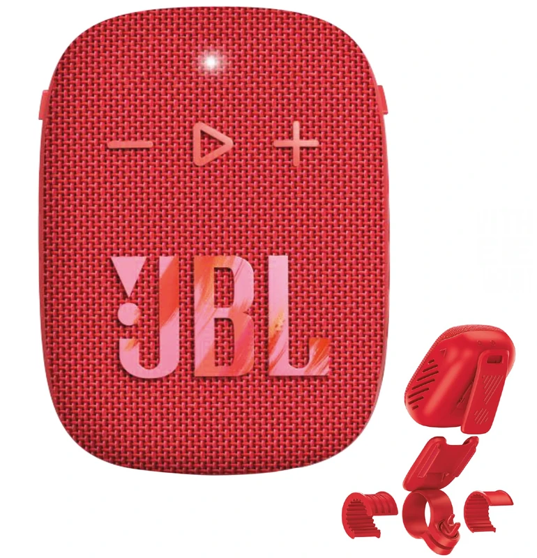 JBL Wind 3S Red portable Bluetooth speaker, 5 W RMS, 1.75" driver, IP67 waterproof and dustproof, Bluetooth 5.0, USB-C, 5 h battery life, bike/scooter mount, built-in microphone