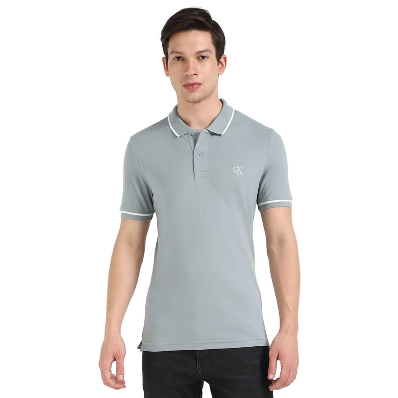 Calvin Klein Men’s Tipping Slim Fit Short Sleeve Polo Shirt with Stretch, Blue (Lead), XXL