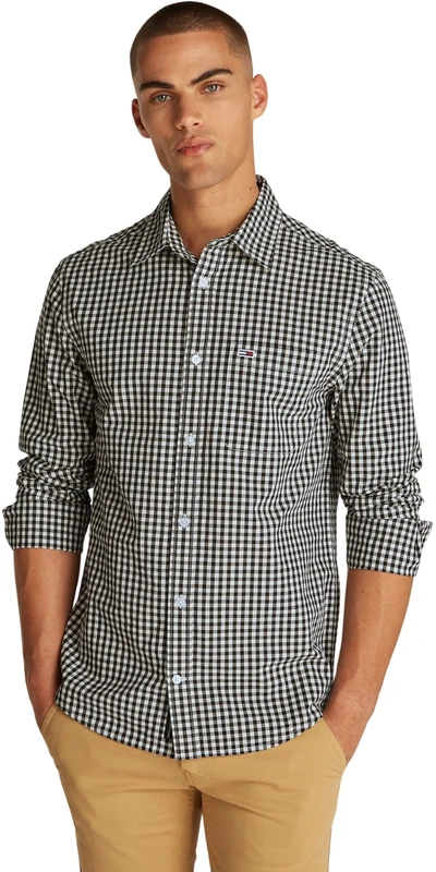 Tommy Jeans Men’s Poplin Check Long Sleeve Shirt, Black (Black), XS
