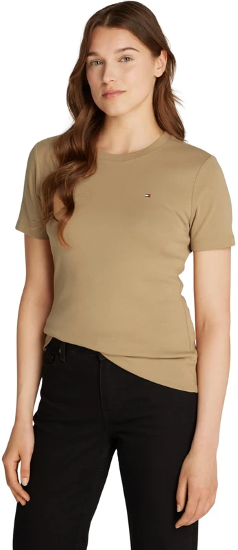 Tommy Hilfiger Women’s Short Sleeve Round Neck Slim Cody T-Shirt, Beige (Safari Canvas), XXS