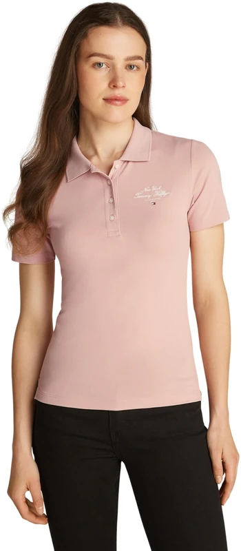 Tommy Hilfiger Women’s Script Graphic Slim Fit Short Sleeve Polo Shirt, Pink (Foggy Pink), L