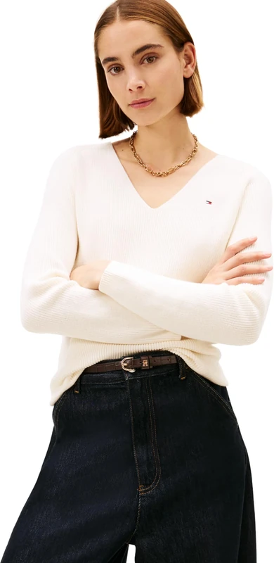 Tommy Hilfiger Women’s Fine Knit V-Neck Jumper, Off-White (Ivory Petal), L