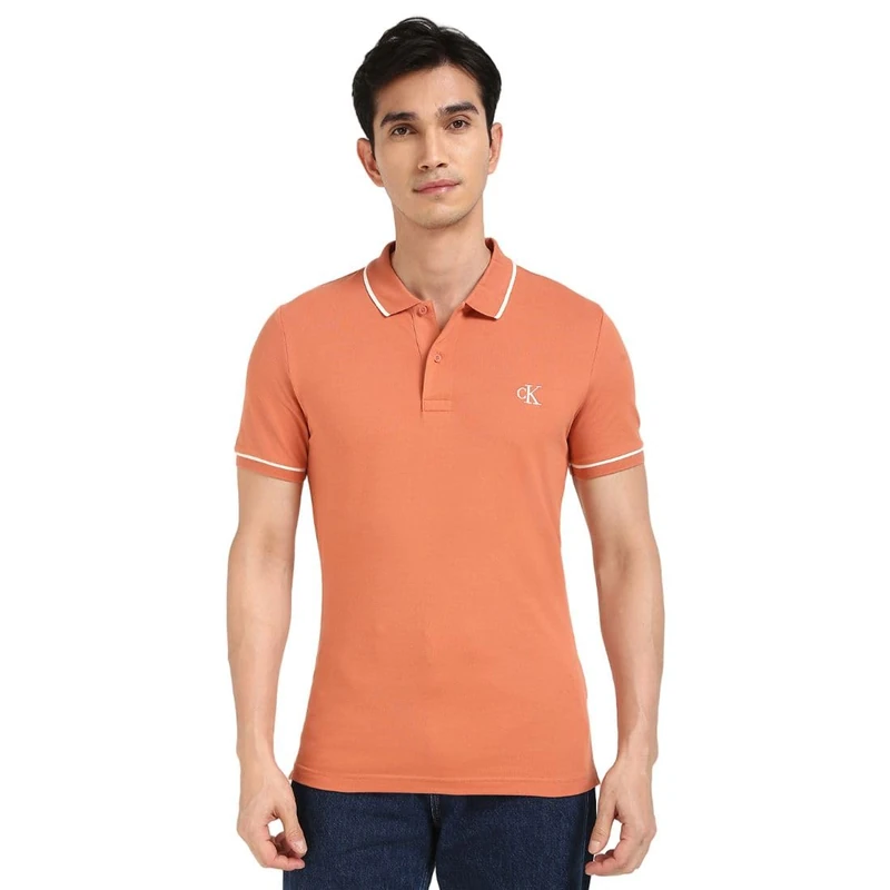 Calvin Klein Men’s Tipping Slim Fit Short Sleeve Polo Shirt with Stretch, Orange (Aragon), XL