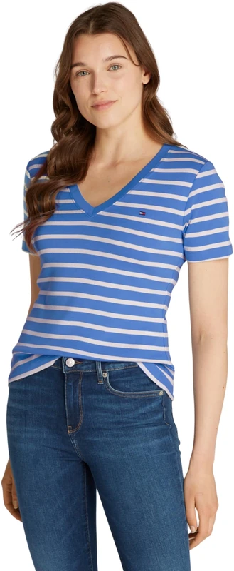 Tommy Hilfiger Women’s Short Sleeve T-Shirt New Slim Cody V-Neck, Multicolor (Fine STP Blue Spell/Ivory Petal), XXS