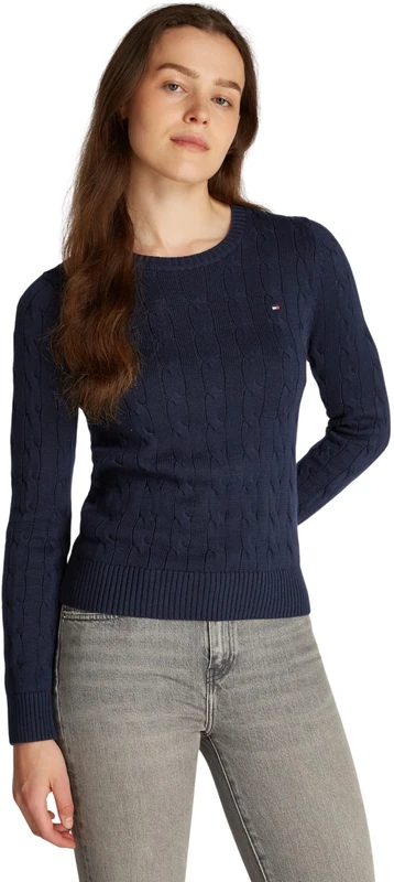 Tommy Hilfiger Women’s Cable Knit Round Neck Cotton Jumper, Blue (Dark Night Navy), S
