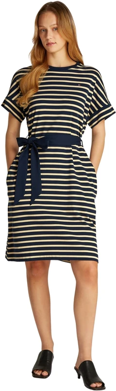 Tommy Hilfiger Women’s Cotton Interlock Dress with Tie Waist, Multicolor (Breton STP N Sky/Country Ivory), XL