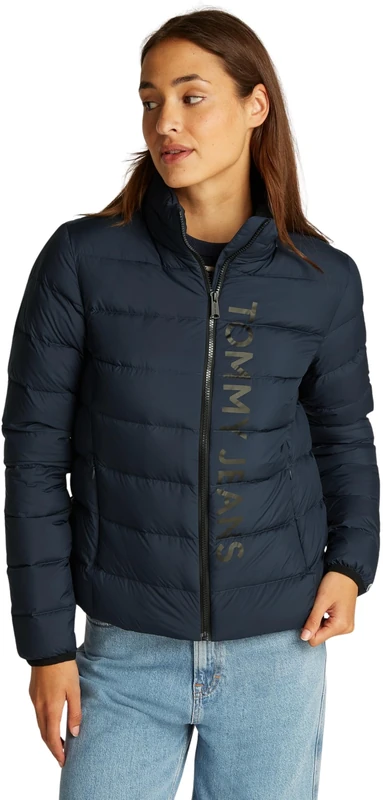 Tommy Jeans Women’s Printed Stand Collar Down Puffer Jacket, Blue (Dark Night Navy), L