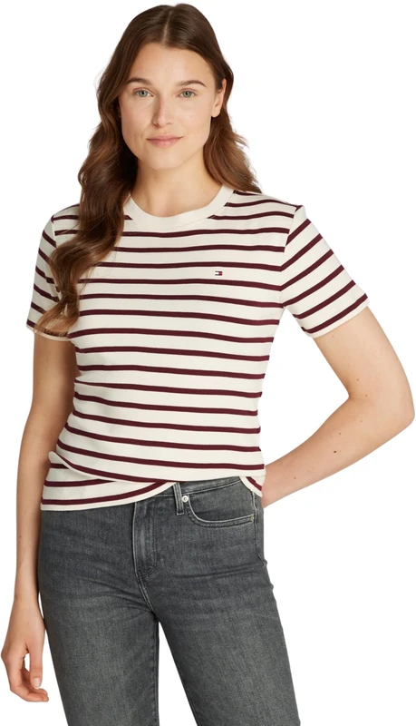 Tommy Hilfiger Women’s Short Sleeve Round Neck Slim Cody T-Shirt, Multicolor (Fine STP Calico/Deep Rouge), XS