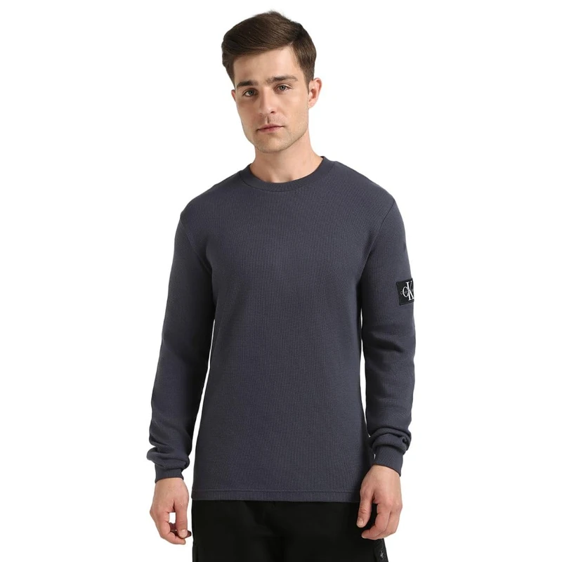 Calvin Klein Men’s Badge Cotton Waffle Long Sleeve Top, Blue (India Ink), XS