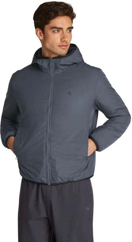 Calvin Klein Men’s High Neck Windbreaker with Hood, Grey (Ebony), XS