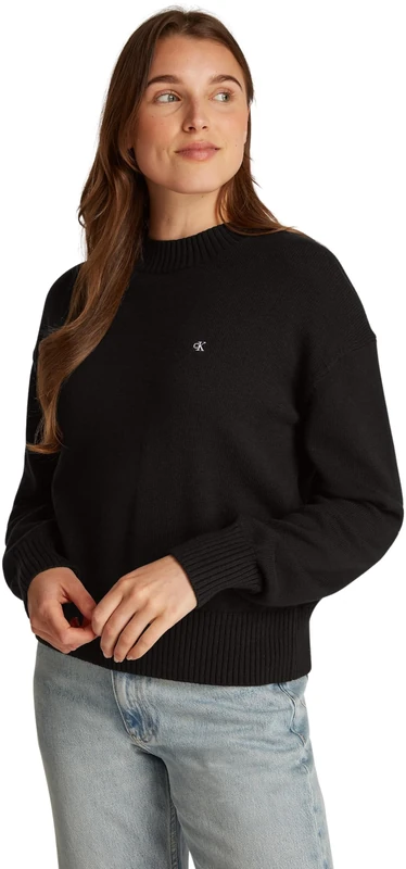 Calvin Klein Women’s Monogram Embroidered Cotton Crew Neck Jumper, Black (Ck Black), XL