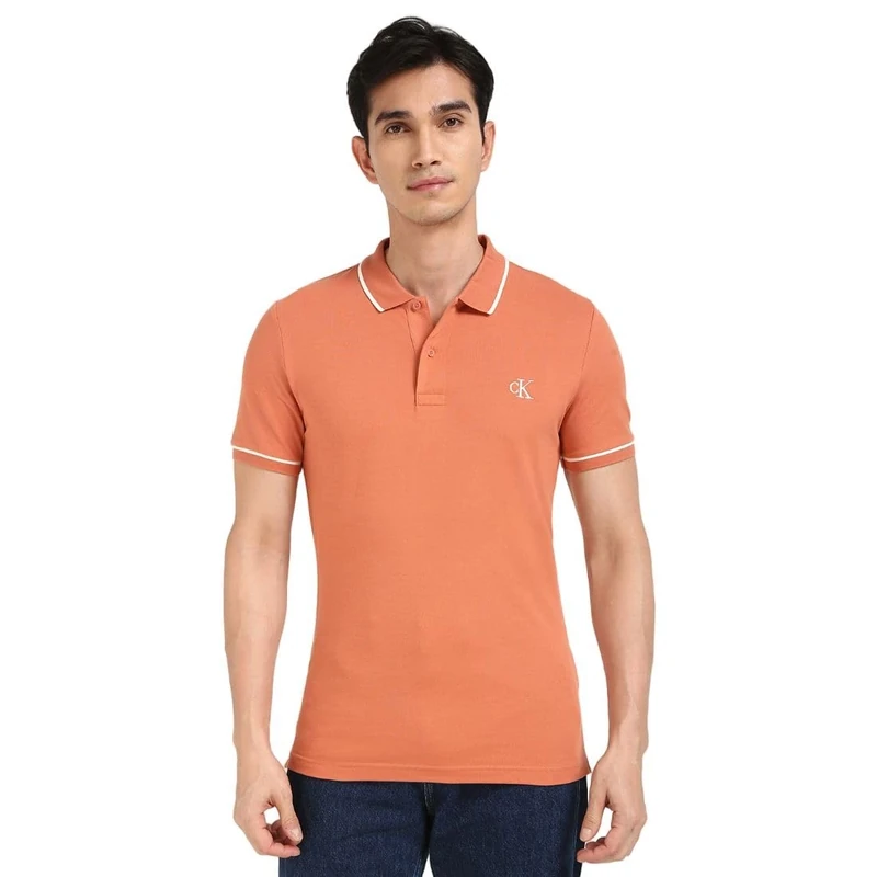 Calvin Klein Men’s Tipping Slim Fit Short Sleeve Polo Shirt with Stretch, Orange (Aragon), M