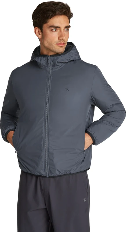 Calvin Klein Men’s High Neck Windbreaker with Hood, Grey (Ebony), L