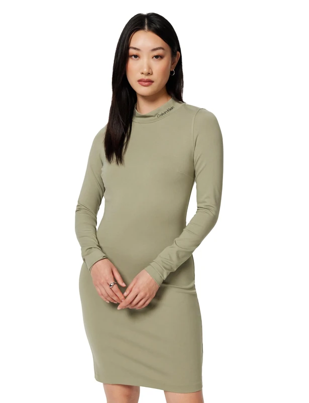 Calvin Klein Women's Elastic Milano Logo Long Sleeve Dress, Beige (Nordic Dust), M