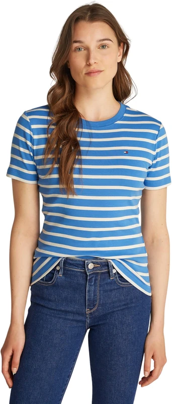 Tommy Hilfiger Women’s Short Sleeve Round Neck Slim Cody T-Shirt, Multicolor (Fine STP Blue Spell/Ivory Petal), XXL