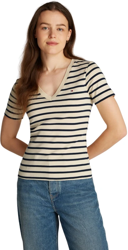 Tommy Hilfiger Women’s Short Sleeve T-Shirt New Slim Cody V-Neck, Multicolor (Fine STP Country Ivory/Drk N Navy), XXS