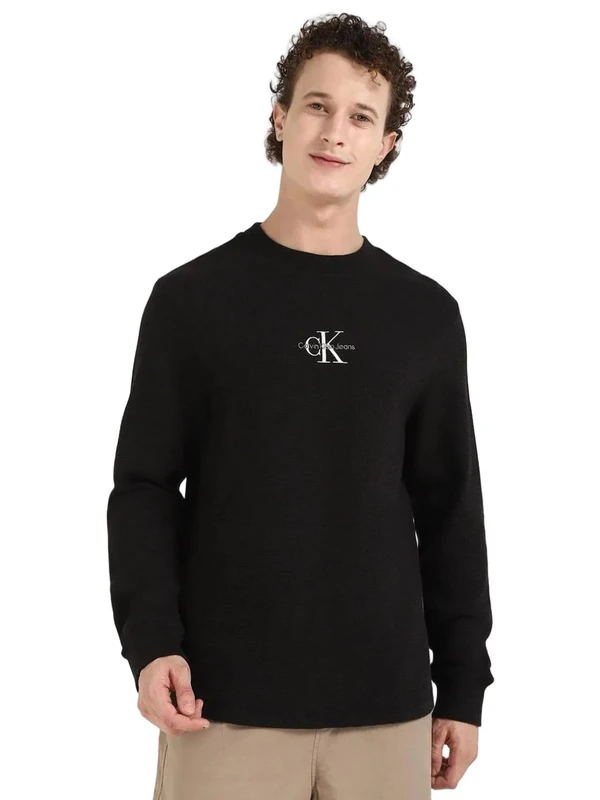 Calvin Klein Men’s Monologo Waffle Round Neck Sweatshirt, Black (Ck Black), XS