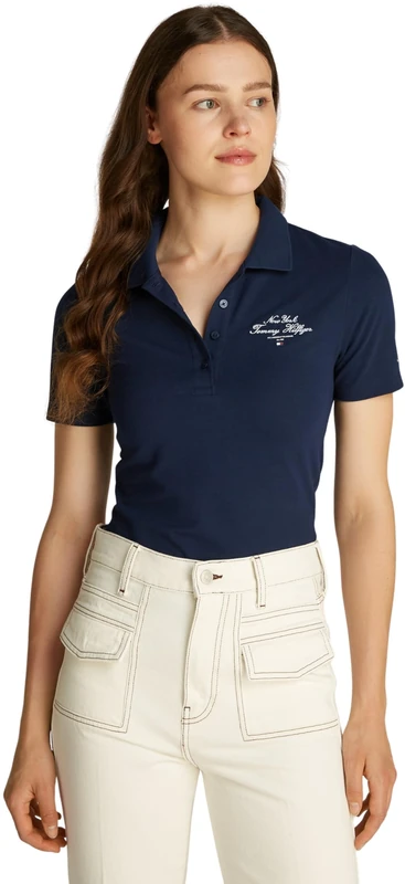 Tommy Hilfiger Women’s Script Graphic Slim Fit Short Sleeve Polo Shirt, Blue (Dark Night Navy), M