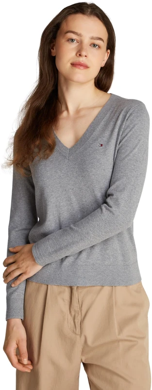 Tommy Hilfiger Women's V-Neck Jersey Jumper, Grey (Mid Grey Heather), S