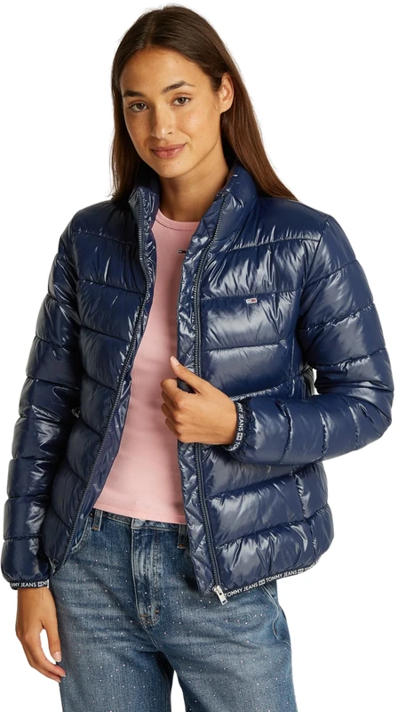Tommy Jeans Women’s Essential Tape High Shine Puffer Jacket, Blue (Dark Night Navy), XL