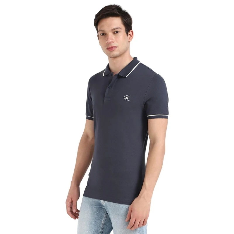 Calvin Klein Men’s Tipping Slim Fit Short Sleeve Polo Shirt with Stretch, Blue (India Ink), L