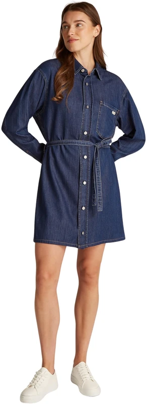 Calvin Klein Women’s Lyocell Denim Shirt Dress with Belt, Blue (Denim Mid), XS