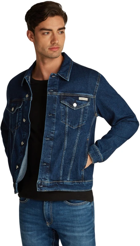 Calvin Klein Men’s Slim Fit Denim Jacket with Button Placket, Blue (Denim Dark), L