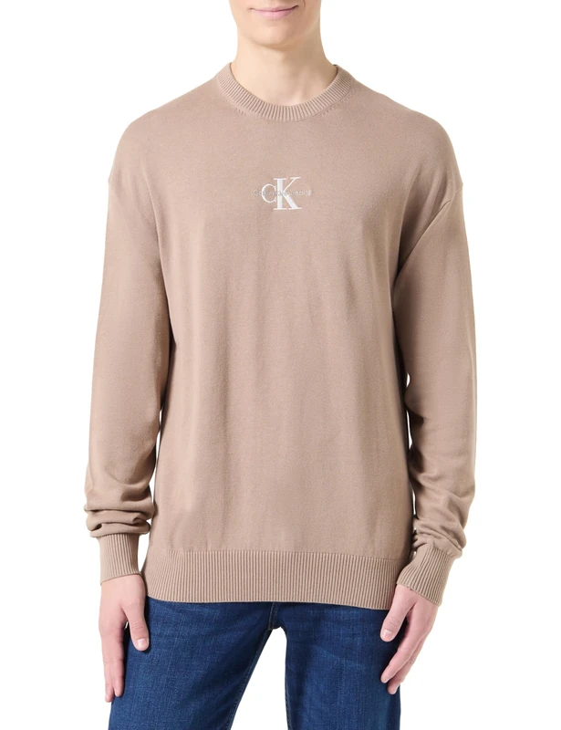 Calvin Klein Jeans Men's MONOLOGO Sweater J30J327404 Pullover Sweater, Grey (Taupe Gray), L