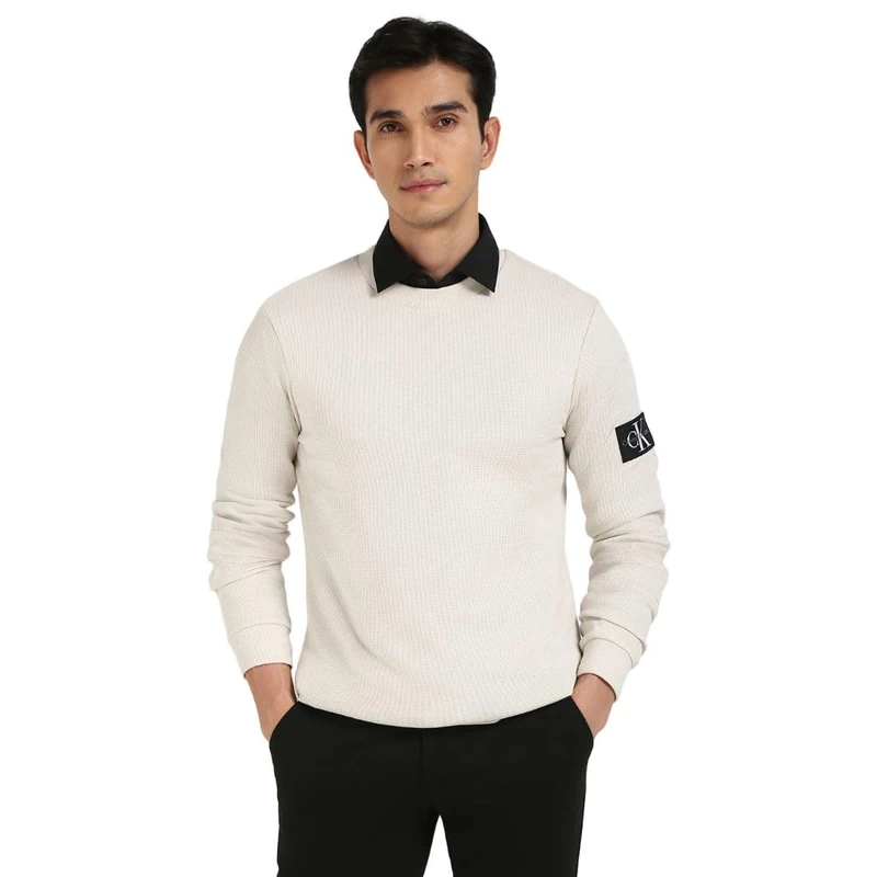 Calvin Klein Men’s Badge Cotton Waffle Long Sleeve Top, Beige (Moonbeam), XXS