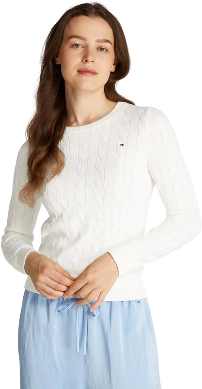 Tommy Hilfiger Women’s Cable Knit Round Neck Cotton Jumper, White (Ecru), XL