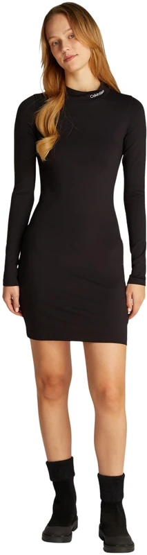 Calvin Klein Women's Elastic Milano Logo Long Sleeve Dress, Black (Ck Black), L
