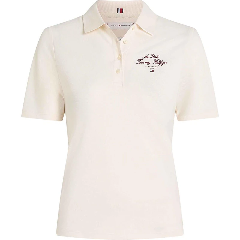 Tommy Hilfiger Women’s Script Graphic Slim Fit Short Sleeve Polo Shirt, Off-White (Ivory Petal), XXS