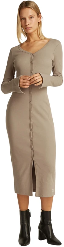 Calvin Klein Women’s Woven Label Ribbed Dress with Button Placket, Beige (Taupe Gray), L