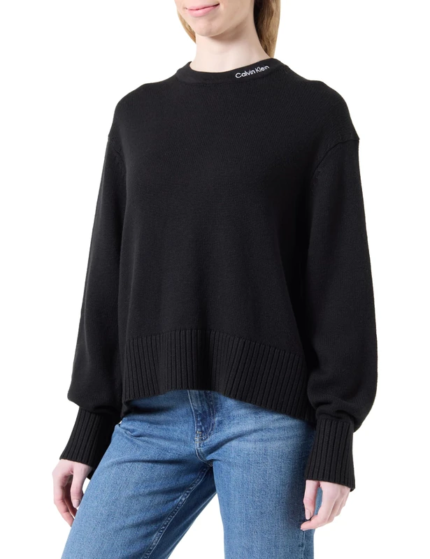 Calvin Klein Jeans Women's Logo Embro Sweater J20J225073 Pullover Sweater, Black (Ck Black), XXL