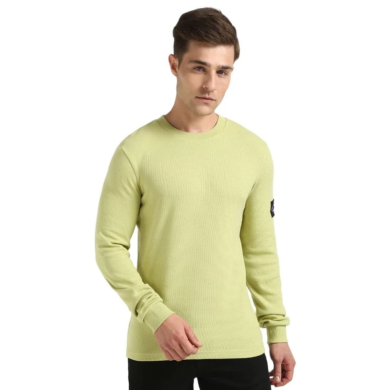 Calvin Klein Men’s Badge Cotton Waffle Long Sleeve Top, Green (Leek Green), M