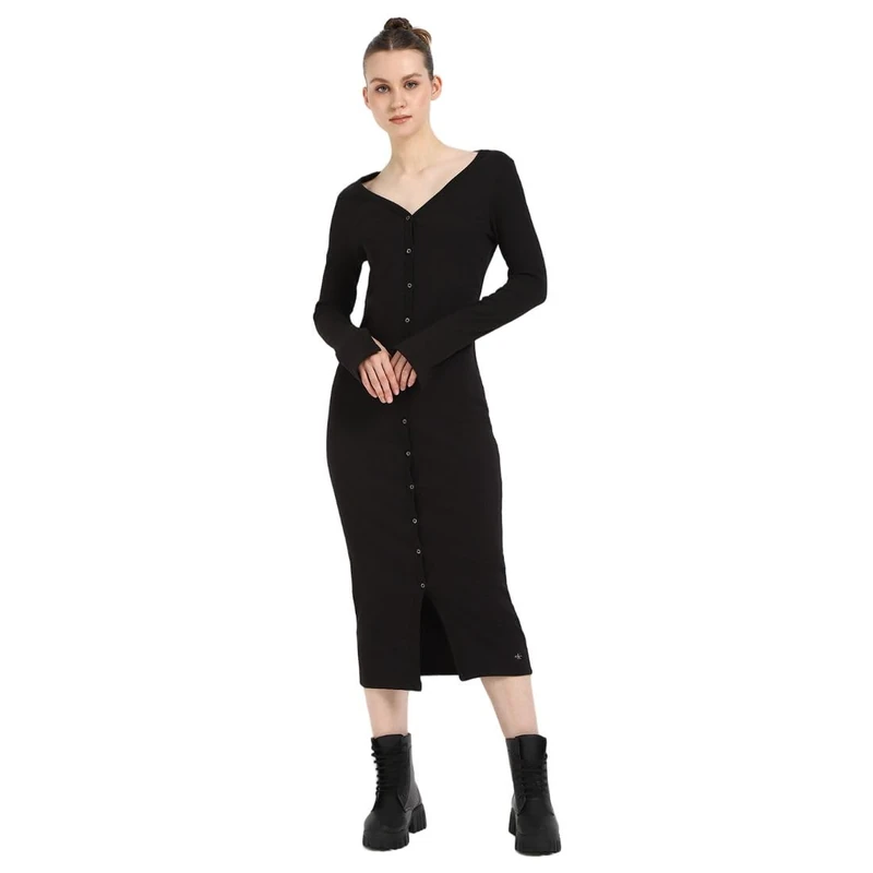 Calvin Klein Women’s Woven Label Ribbed Dress with Button Placket, Black (Ck Black), XS