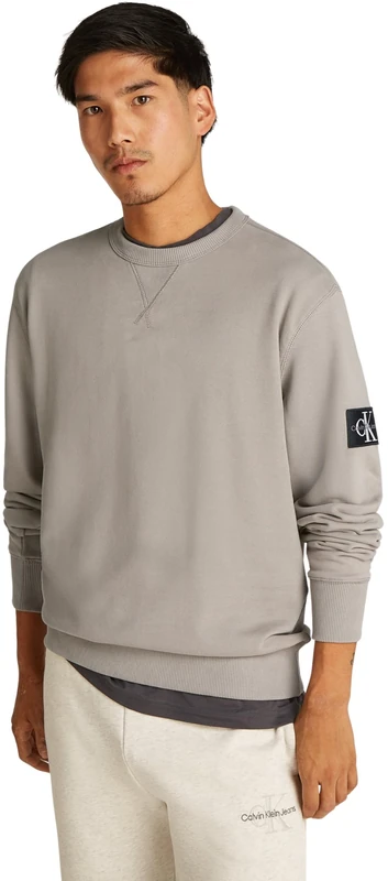 Calvin Klein Men’s Crew Neck Badge Cotton Sweatshirt, Grey (Rock Ridge), XXS