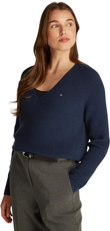 Tommy Hilfiger Women’s Fine Knit V-Neck Jumper, Blue (Dark Night Navy), L