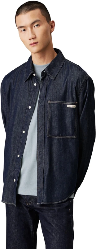 Calvin Klein Men’s Regular Fit Denim Shirt with Chest Pocket, Blue (Denim Dark), L
