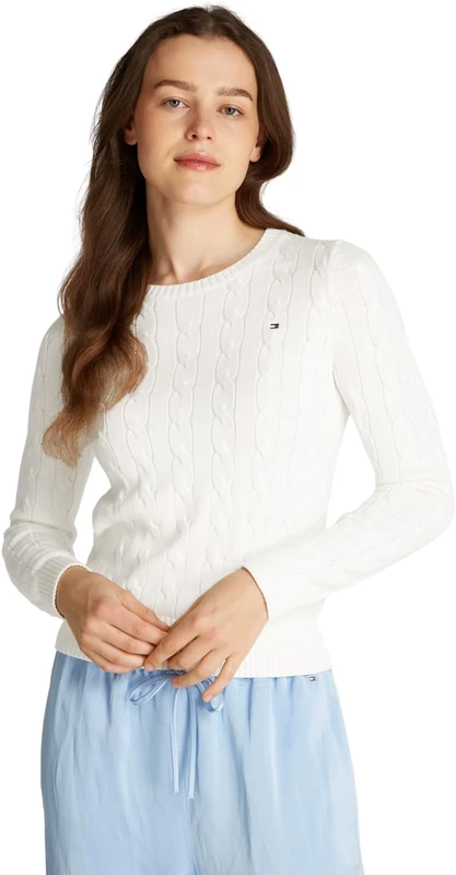 Tommy Hilfiger Women’s Cable Knit Round Neck Cotton Jumper, White (Ecru), 3XL