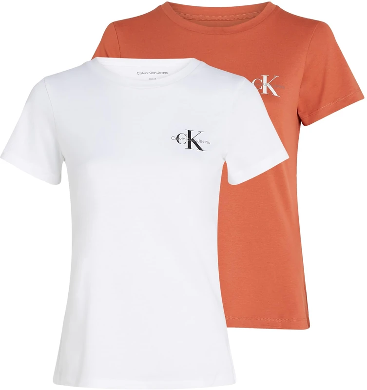 Calvin Klein Women's 2 Pack Monologo Slim Short Sleeve Round Neck T-Shirts, Multicolor (Aragon/Bright White), L