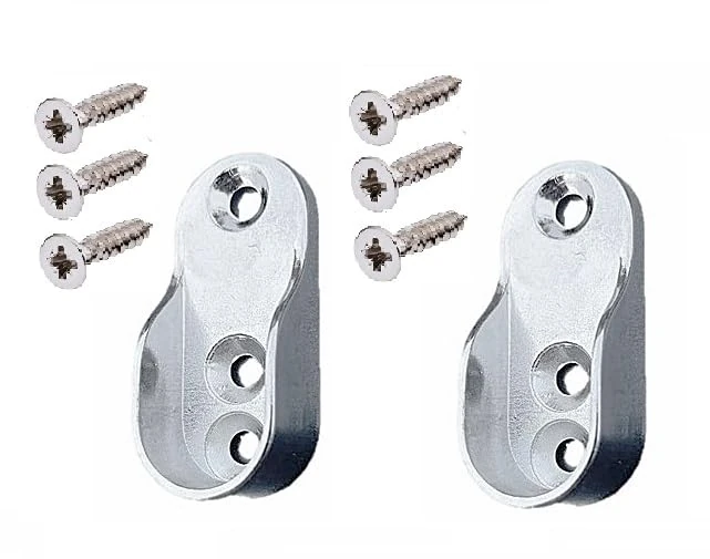 SCARFELL 2 x Oval Wardrobe Rail Ends Supports Rail Brackets 15mm Wide Nickel Plated Silver with Screws
