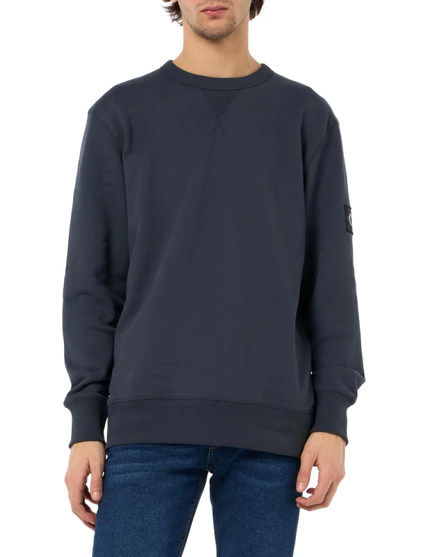 Calvin Klein Men’s Crew Neck Badge Cotton Sweatshirt, Blue (India Ink), XXS
