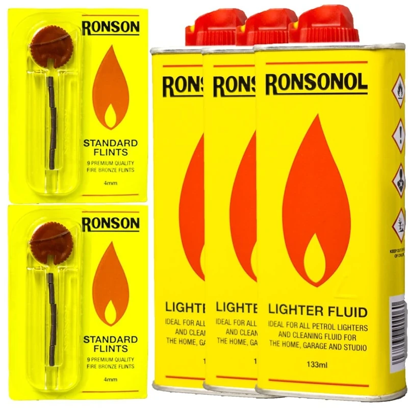 3 x Lighter Fluid 133ml - Long-Lasting, Clean Burning Fuel for Everyday Use With 2 X Ronson '9s' Flints (2)