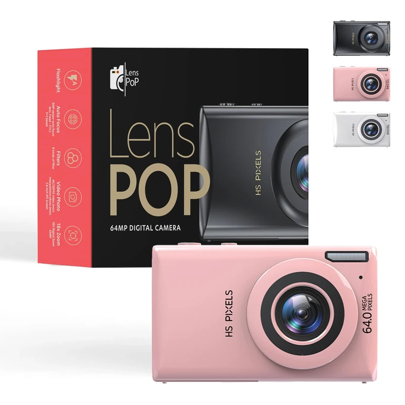 Lenspop 64 MP Digital Compact Camera with Flash, Digital Camera 8MP Sensor with Auto Focus Lens, Fixed - F/3.2 f=7.36mm, 18X Digital Zoom MP3 player 64MP Compact Digital Camera, 128 GB Memory Card - Image 1