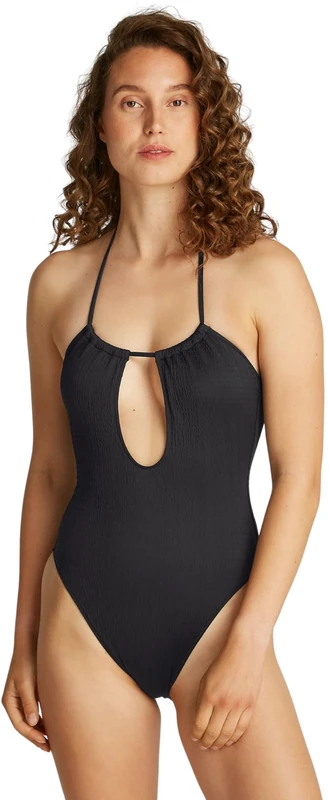 Calvin Klein Women’s Plunge Swimsuit with Crinkle Texture, Black (Pvh Black), M