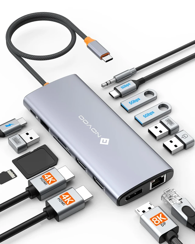 NOVOO 14-in-1 Docking Station Dual Monitor, USB C Hub to Dual HDMI, Displayport, Ethernet RJ45, 100W PD, USB 3.0/2.0, SD/TF and Audio, USB C Docking Station for MacBook HP Dell