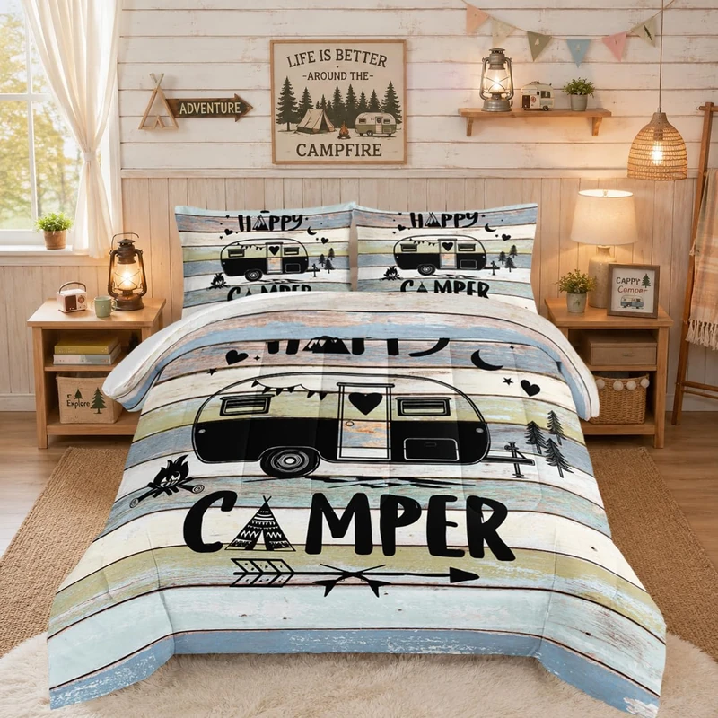 HOSIMA Vintage Comforter Set,Camper Bedding Set for Kids Boys Girls,Camping Travel Trailer Printed Comforter for Camper Decor,Happy Camping Theme Bedding Set Full Size with 2 Pillowcases.