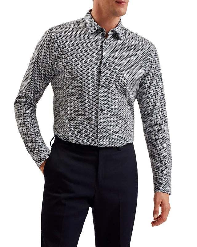 Ted Baker London BELSISE-LS Regular Geo Print Jersey Shirt, Blue