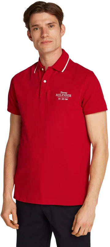 Tommy Hilfiger Men’s Left Chest Graphic Short Sleeve Regular Fit Polo Shirt, Multicolor (Medium Red), L - Image 1